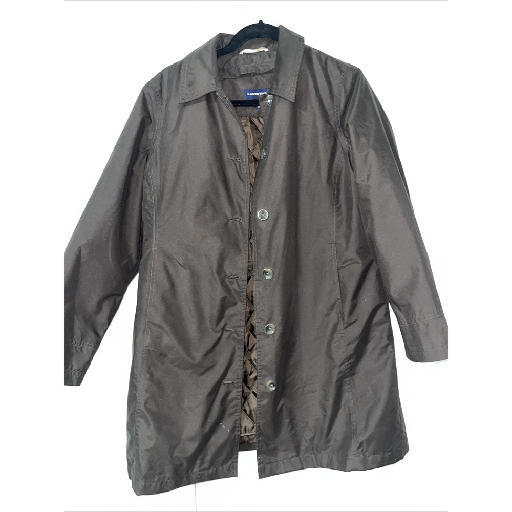 Lands End Brown Button Front Weatherproof Water Resistant Lined Raincoat M 10/12 - Picture 3 of 8